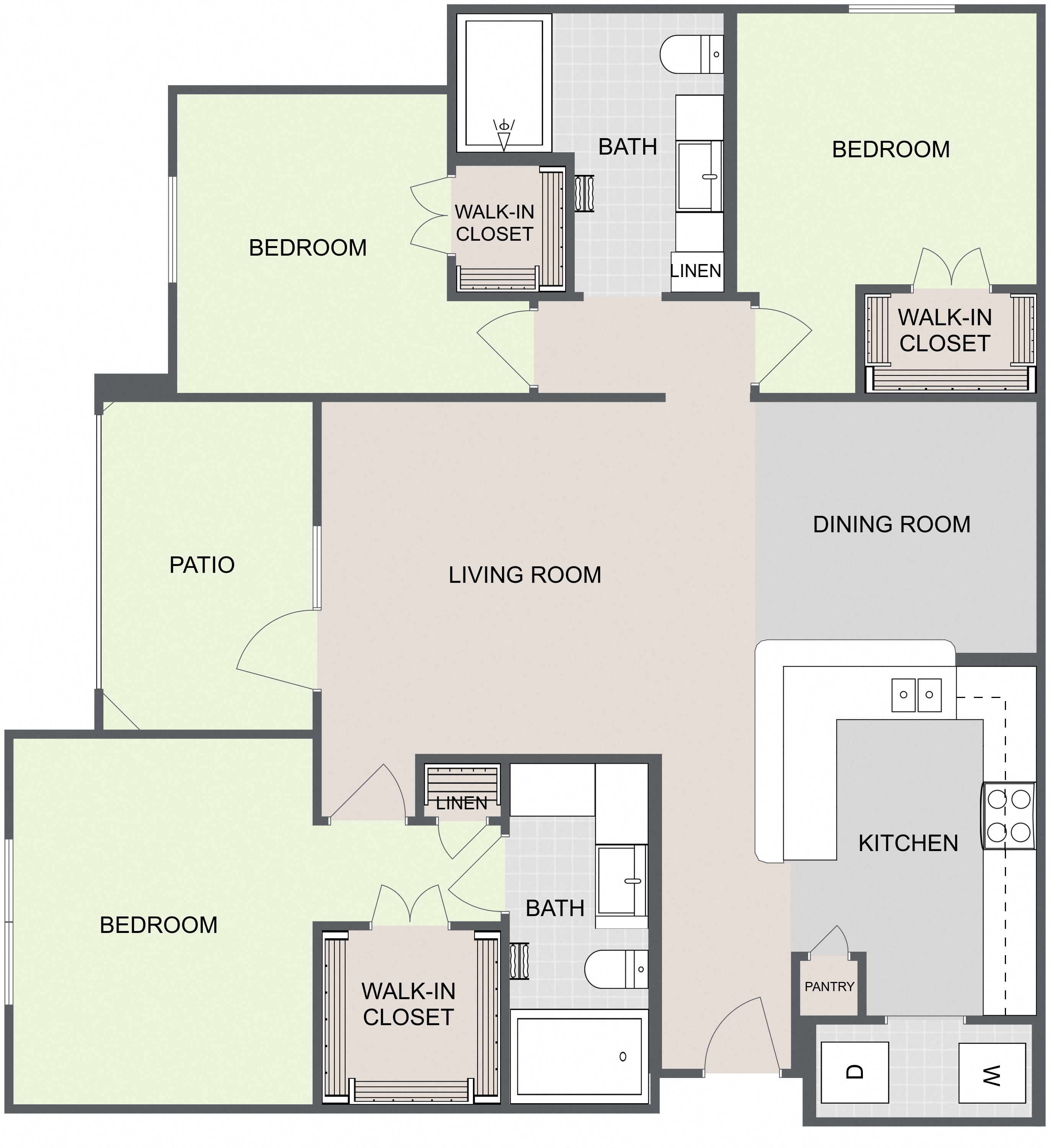 Floor plan for 3 beds, 2 baths, 1304 sqft